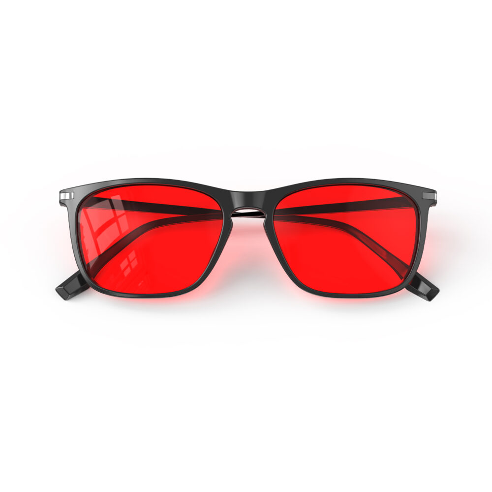 A folded view of Gloojo Night Ease Rectangle Red Tinted Lens Glasses for Night-Black Gunmetal