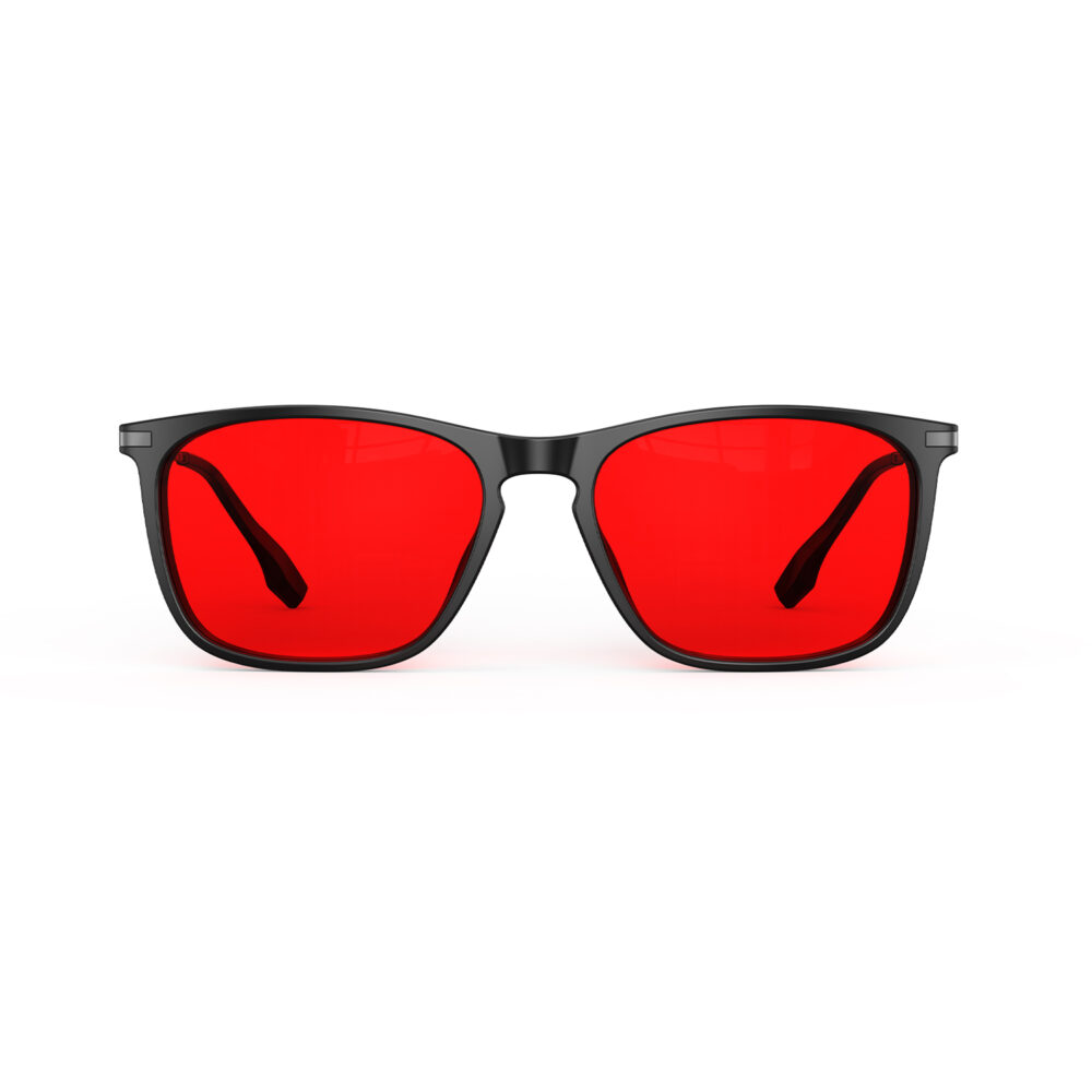 A front view of Gloojo Night Ease Rectangle Red Lens Glasses for Night-Black Gunmetal