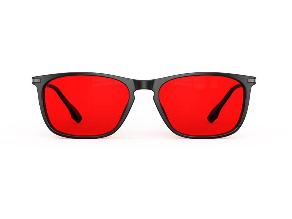 A front view of Gloojo Night Ease Rectangle Red Lens Glasses for Sleep-Black Gunmetal