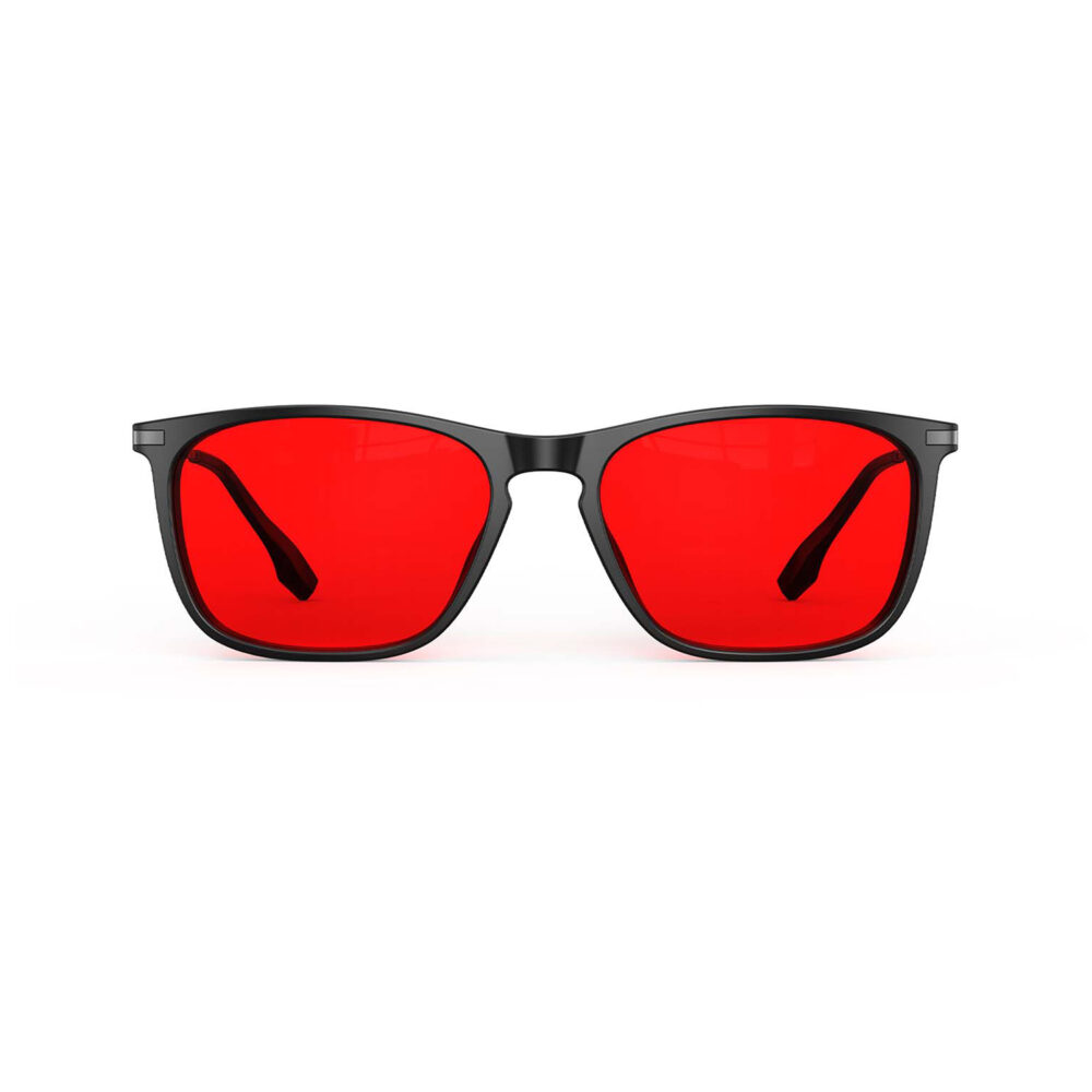 A front view of Gloojo Night Ease Rectangle Red Tinted Lens Glasses for Night-Black Gunmetal A front view of Gloojo Night Ease Rectangle Red Tinted Lens Glasses for Night-Black Gunmetal