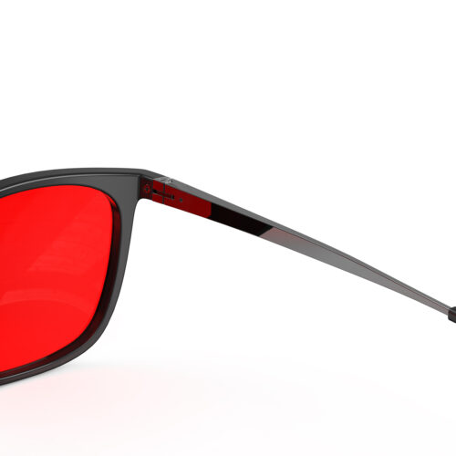 A hinge close-up view of Gloojo Night Ease Rectangle Red Tinted Lens Glasses for Night-Black Gunmetal
