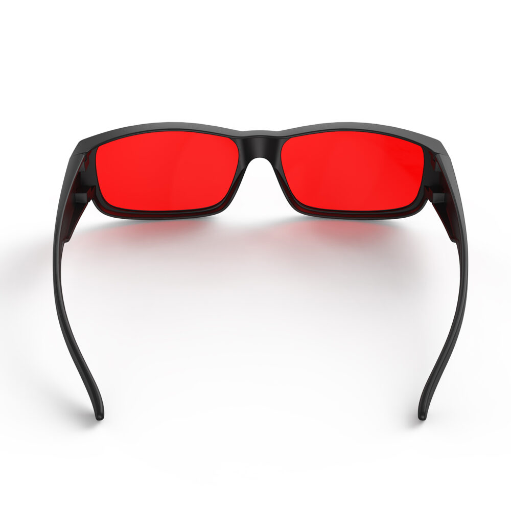A Back view of Gloojo Night Ease Rectangler Fitover Red lens sleep glasses - Black