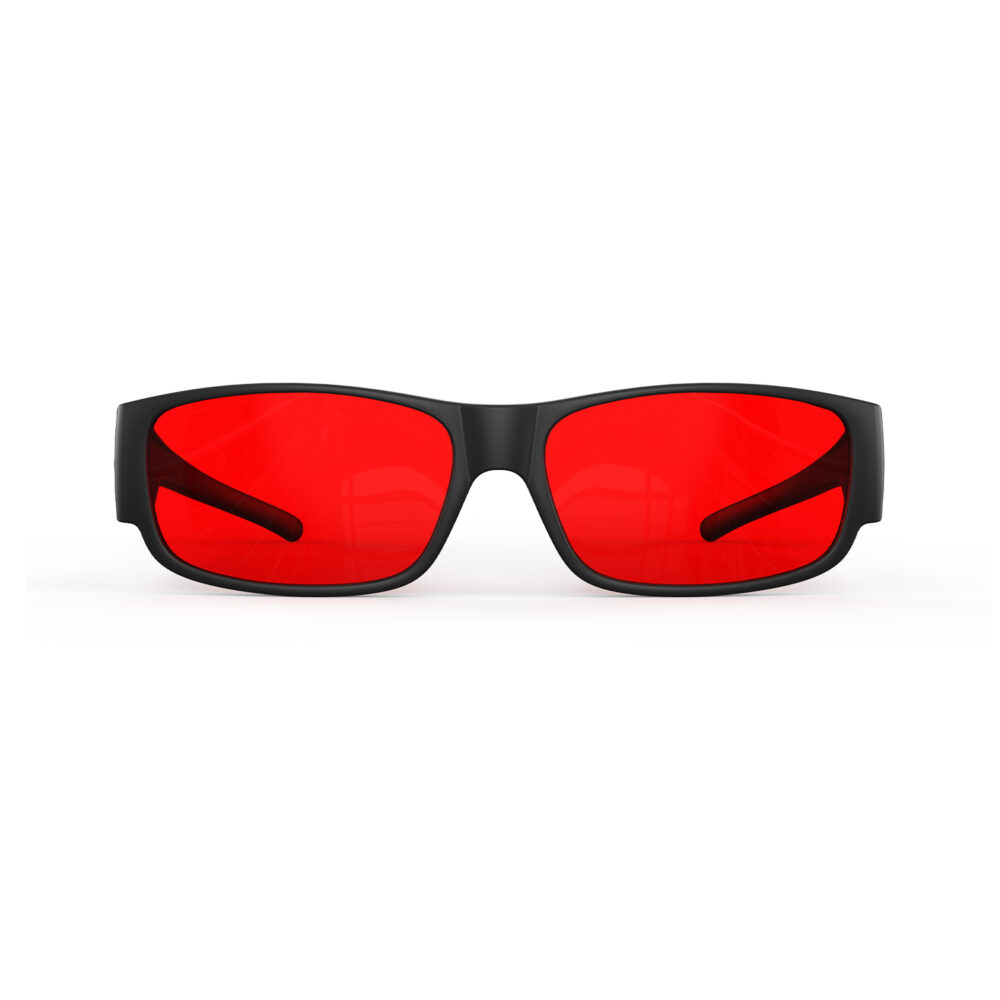 A Front view of Gloojo Night Ease Rectangler Fitover Red lens sleep glasses - Black