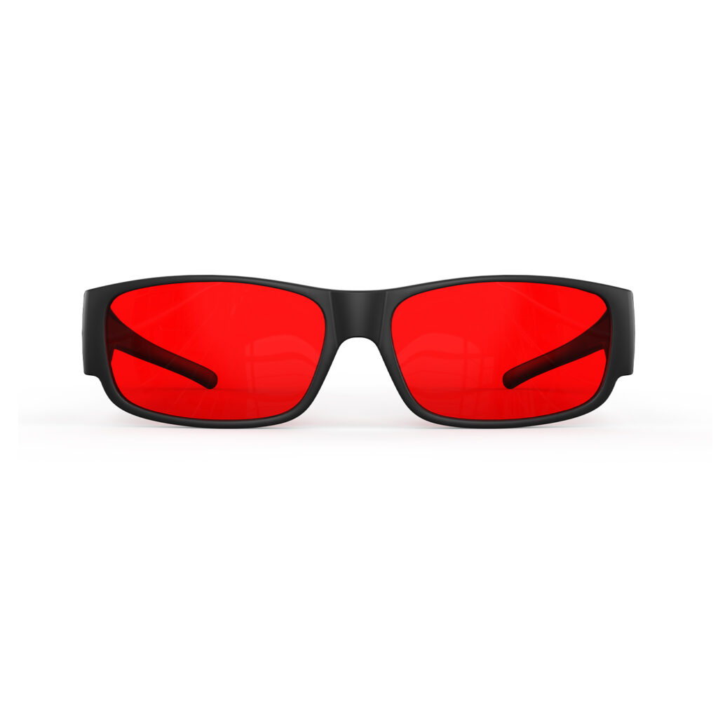 A Front view of Gloojo Night Ease Rectangler Fitover Red lens sleep glasses - Black