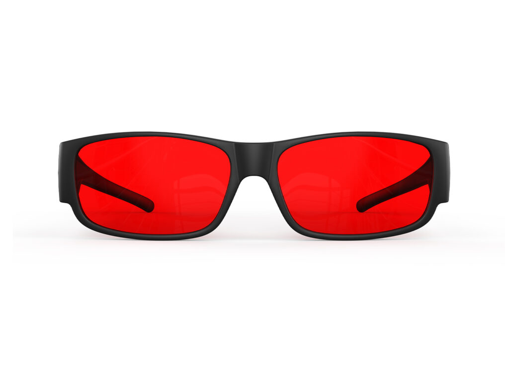 A Front view of Gloojo Night Ease Rectangler Fitover Red lens sleep glasses - Black