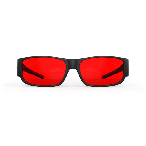 A Front view of Gloojo Night Ease Rectangler Fitover Red lens sleep glasses - Black
