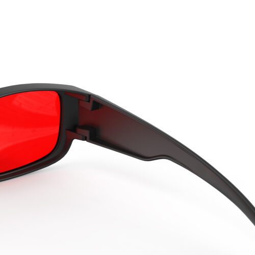 A Hinge closeup view of Gloojo Night Ease Rectangler Fitover Red lens sleep glasses - Black