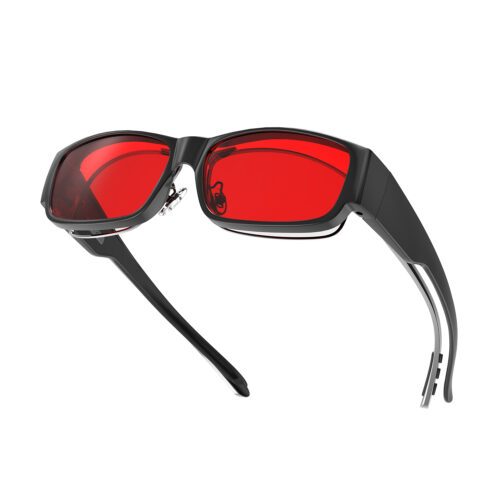 A Left side view of Gloojo Night Ease Rectangler Fitover Red lens sleep glasses - Black