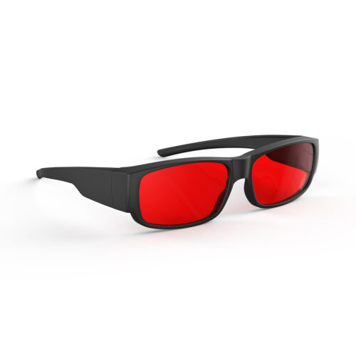 A Right side view of Gloojo Night Ease Rectangler Fitover Red lens sleep glasses - Black