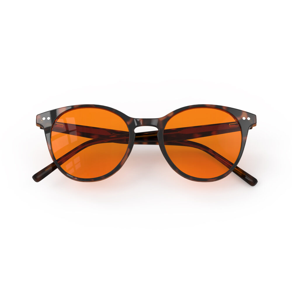 A Folded front view of Gloojo Night Ease Orange Lens Round Sleep Glasses – Tortoiseshell