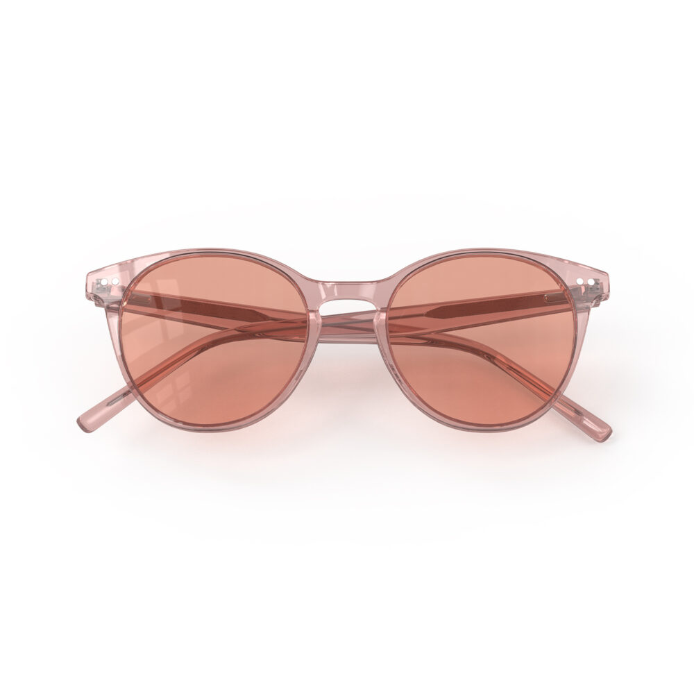 A Folded front view of Gloojo Rose Relief Rose Lens Round Migraine Glasses – Crystal Pink
