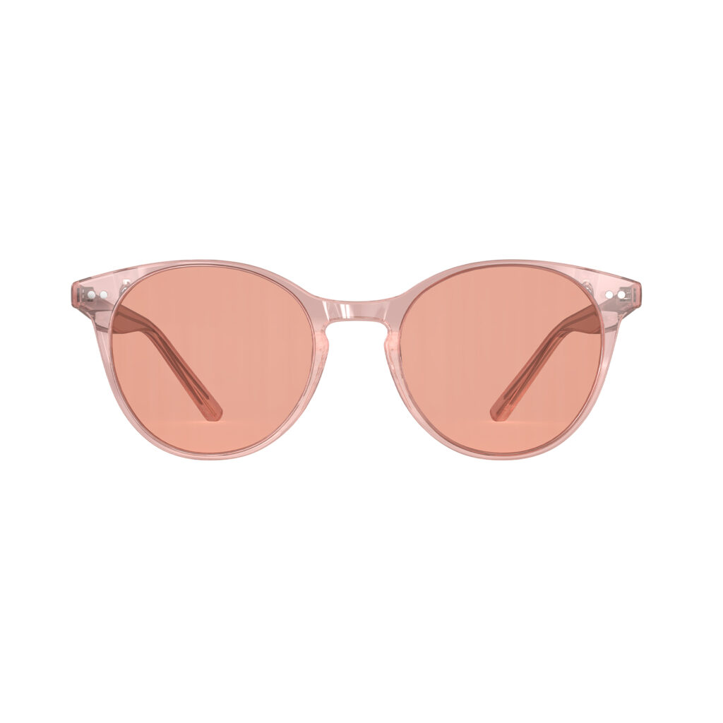 A Front view of Gloojo Rose Relief Rose Lens Round Migraine Glasses – Crystal Pink