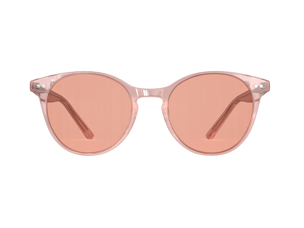 A Front view of Gloojo Rose Relief Rose Lens Round Migraine Glasses – Crystal Pink