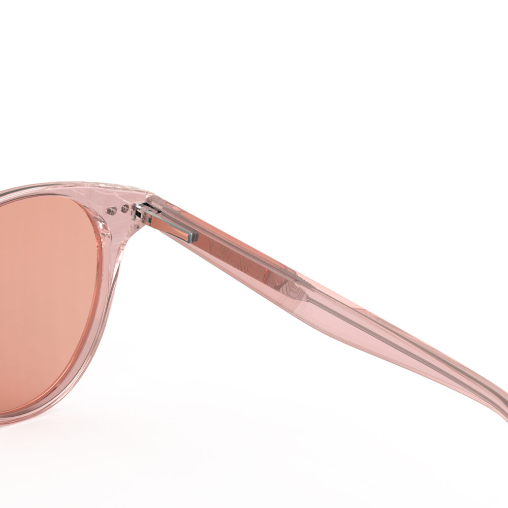 A Hinge closeup of Gloojo Rose Relief Rose Lens Round Migraine Glasses – Crystal Pink