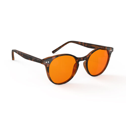 A Right side view of Gloojo Night Ease Orange Lens Round Sleep Glasses – Tortoiseshell