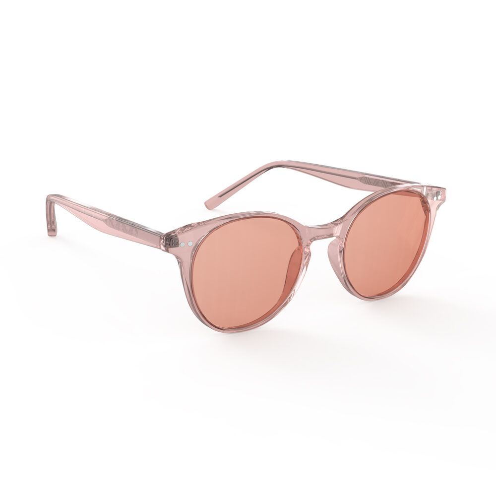 A Right side view of Gloojo Rose Relief Rose Lens Round Migraine Glasses – Crystal Pink