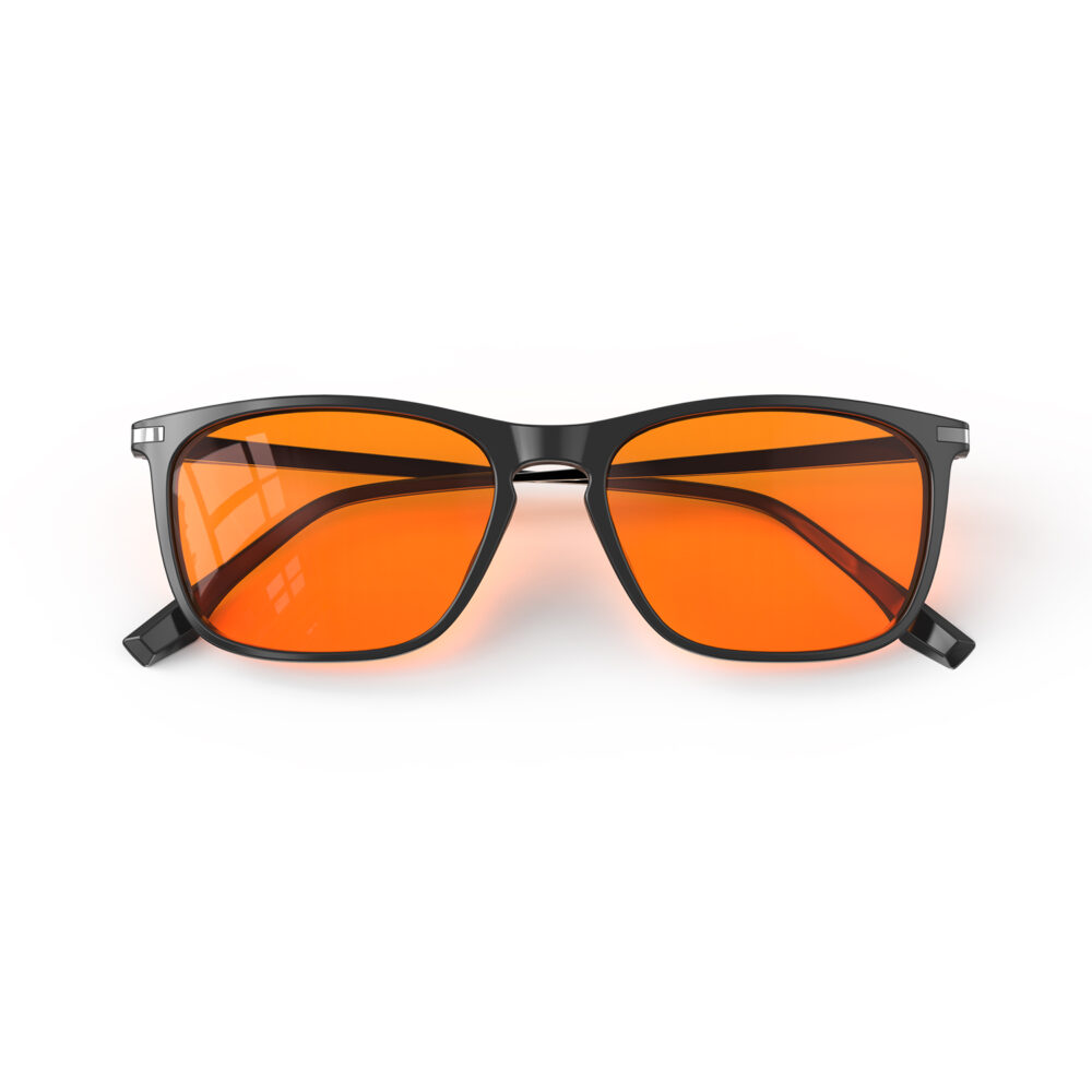 A folded view of Gloojo Night Ease Rectangle Orange Tinted Lens Glasses for Night-Black Gunmetal A folded view of Gloojo Night Ease Rectangle Orange Tinted Lens Glasses for Night-Black Gunmetal