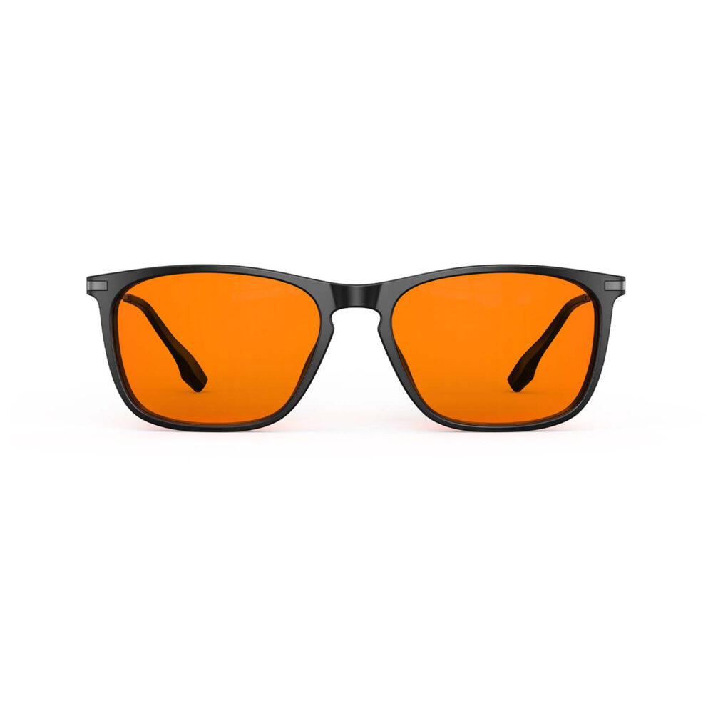 A front view of Gloojo Night Ease Rectangle Orange Tinted Lens Glasses for Night-Black Gunmetal A front view of Gloojo Night Ease Rectangle Orange Tinted Lens Glasses for Night-Black Gunmetal