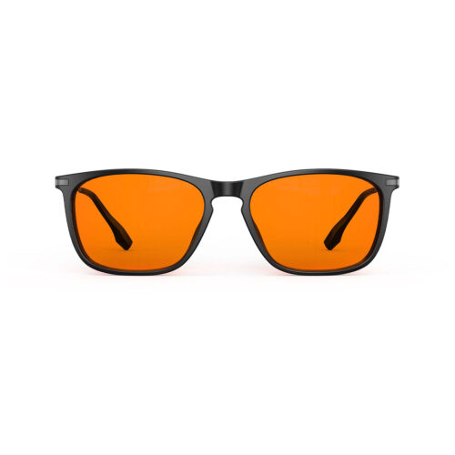 A front view of Gloojo Night Ease Rectangle Orange Tinted Lens Glasses for Night-Black Gunmetal A front view of Gloojo Night Ease Rectangle Orange Tinted Lens Glasses for Night-Black Gunmetal