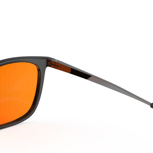 A hinge close-up view of Gloojo Night Ease Rectangle Orange Tinted Lens Glasses for Night-Black Gunmetal A hinge close-up view of Gloojo Night Ease Rectangle Orange Tinted Lens Glasses for Night-Black Gunmetal