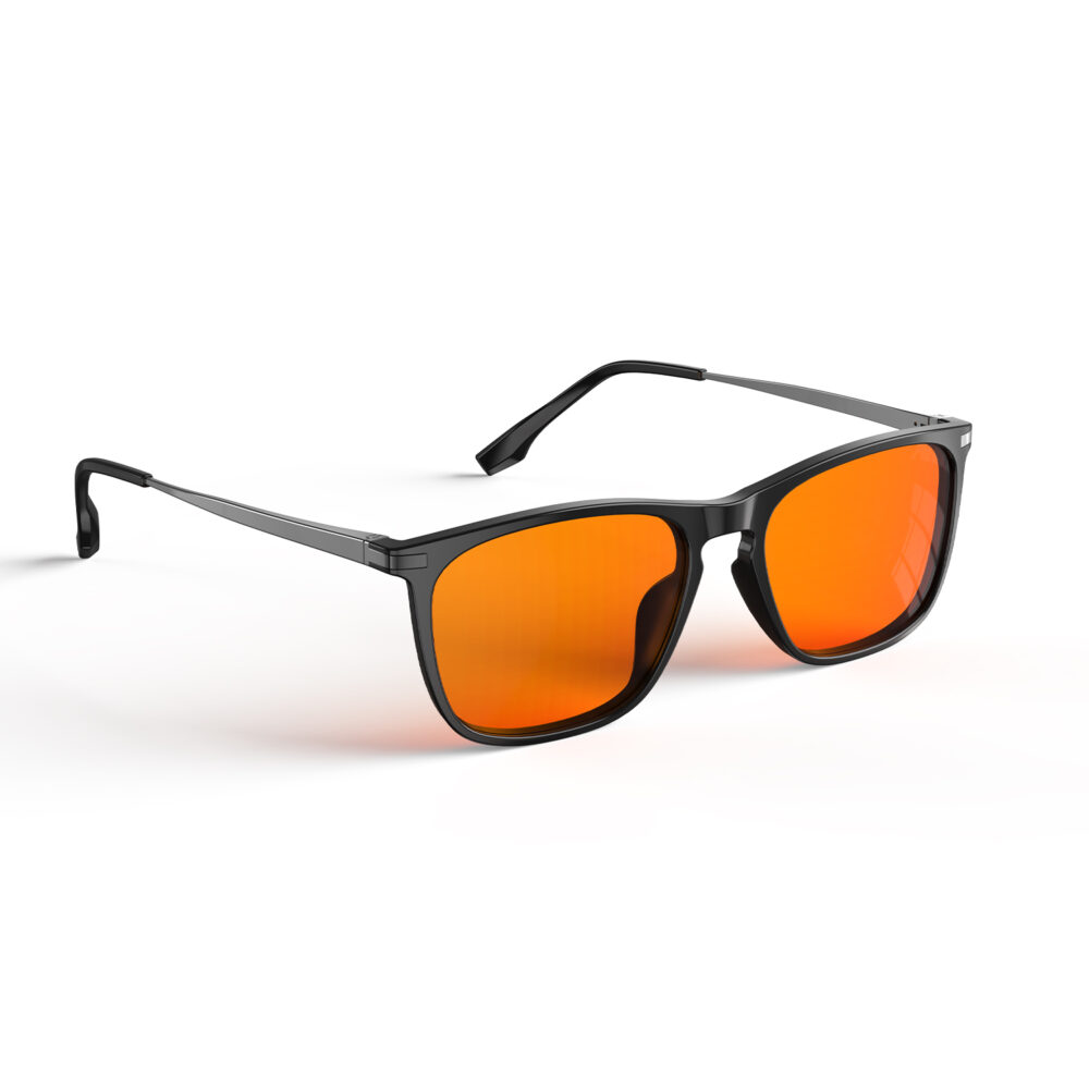A right view of Gloojo Night Ease Rectangle Orange Tinted Lens Glasses for Night-Black Gunmetal A right view of Gloojo Night Ease Rectangle Orange Tinted Lens Glasses for Night-Black Gunmetal