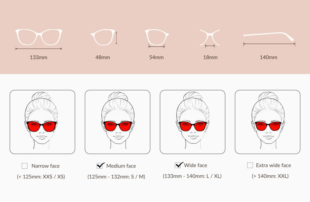 0179h-glasses-size-chart-of-Night Ease™ Cat Eye Red Lens Glasses for Sleep – Black