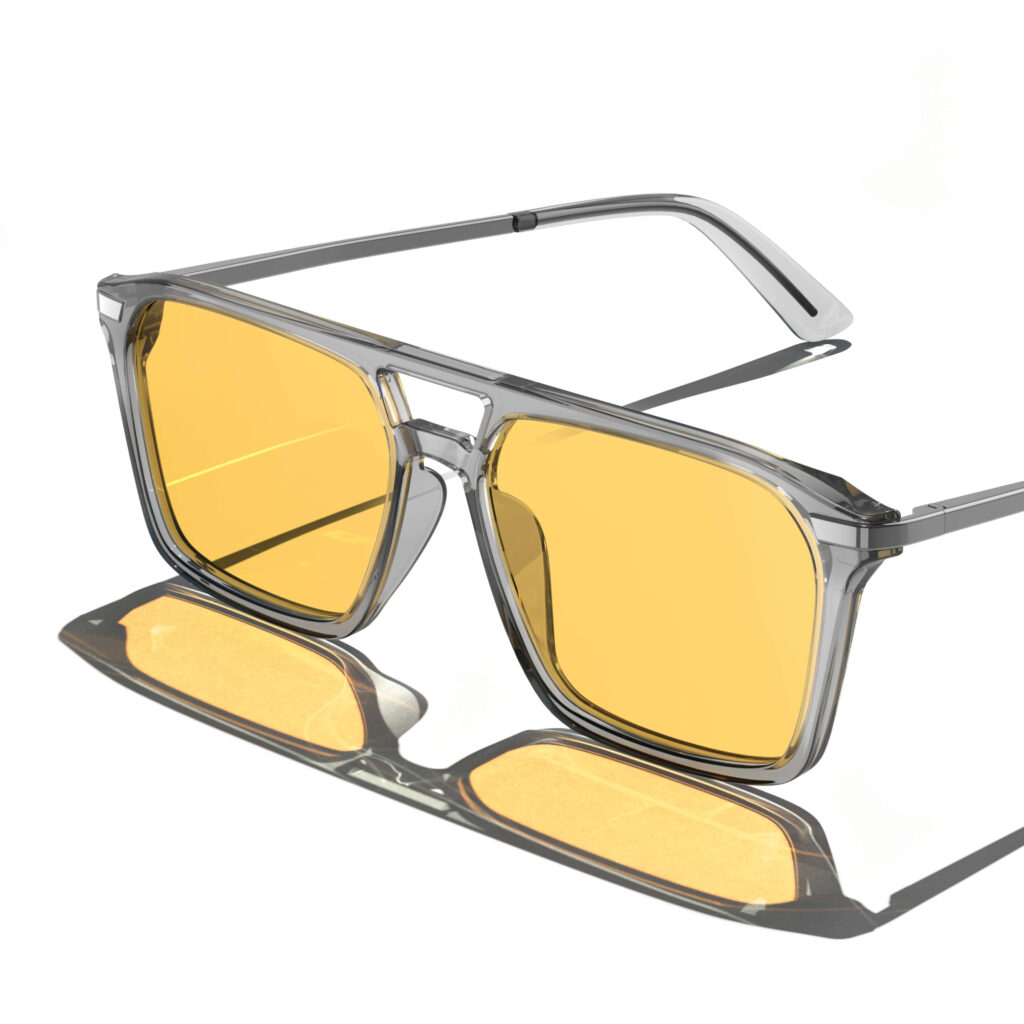 Gloojo Daytime Focus Glasses featuring amber lenses and a transparent grey double-bridge aviator frame