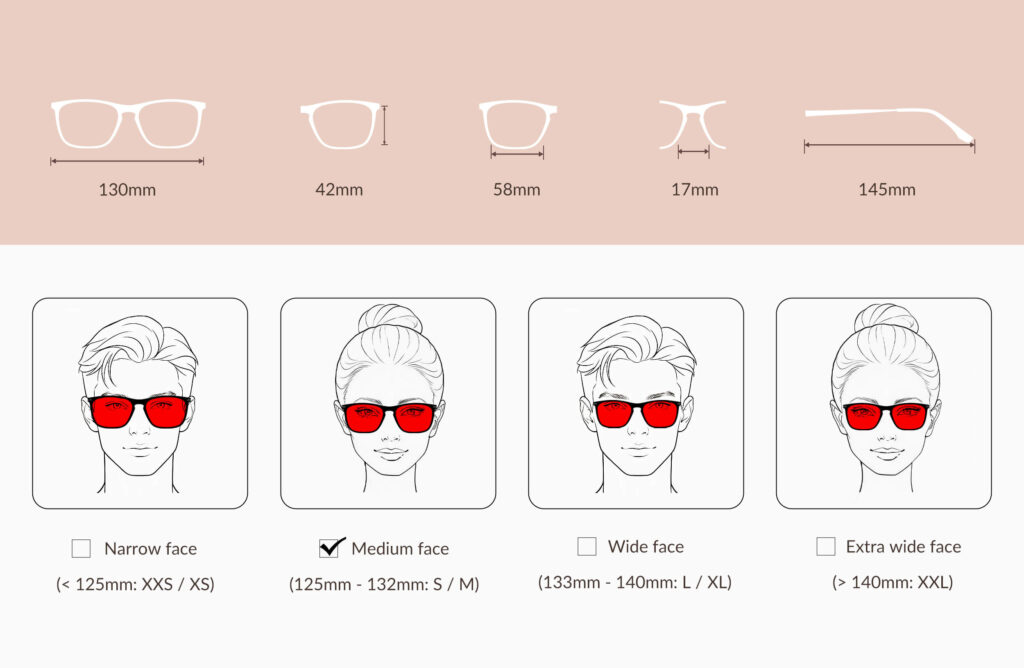 3067-glasses-size-chart-of-Night Ease™ Rectangle Red Lens Sleep Glasses – Black