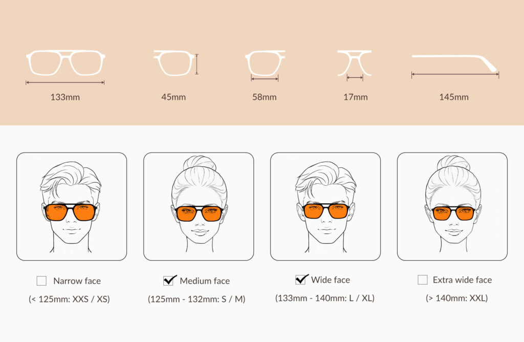 3093h-glasses-size-chart-of-Night Ease™ Oval Aviator Orange Lens Glasses for Night – Black