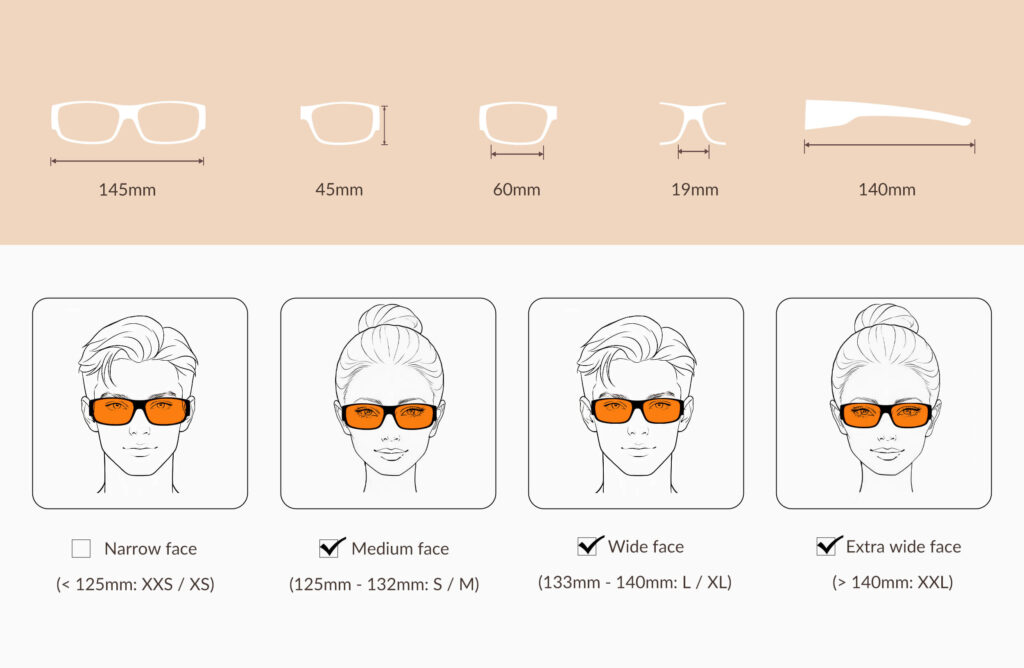 3094-glasses-size-chart-of-Night Ease™ Square Fitover Orange Sleep Glasses – Slim Fit
