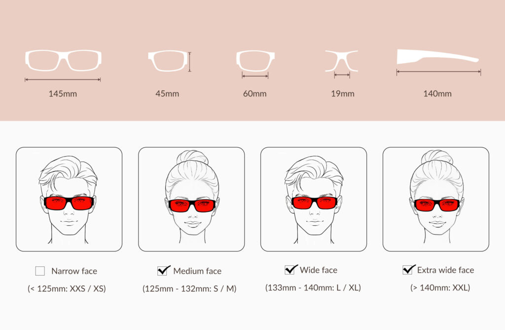 3094-glasses-size-chart-of-Night Ease™ Square Fitover Red lens glasses for Sleep – Slim Fit