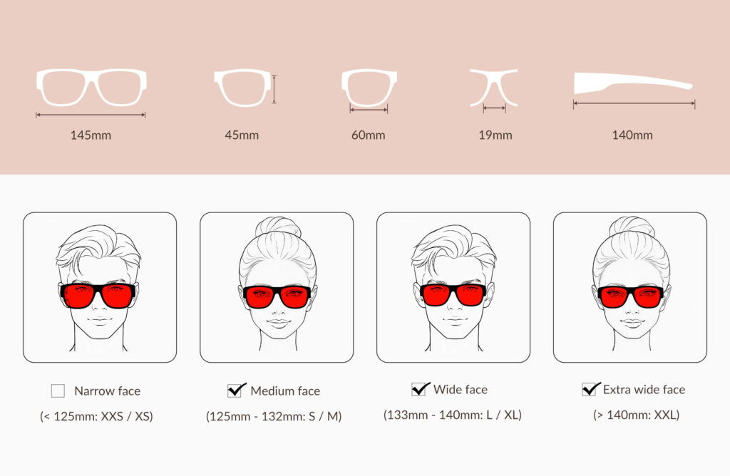 3096-glasses-size-chart-of-Night Ease™ Square Fitover Red lens glasses for sleep – Regular Fit