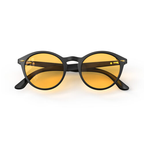 A Folded front view of Gloojo Amber Shield Amber Lens Round Light Sensitivity Glasses – Black-1