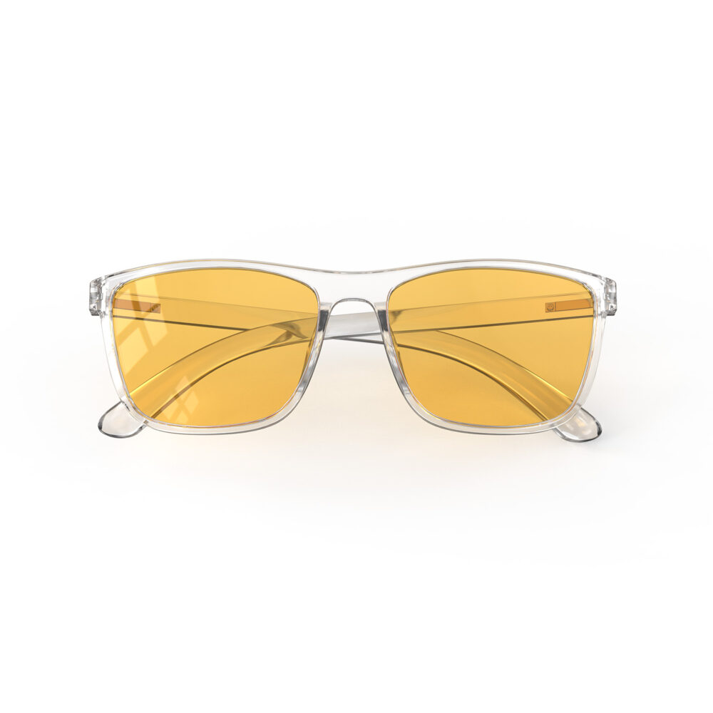 A Folded front view of Gloojo Amber Shield Amber Lens wayfarer Light Sensitivity Glasses – Clear-1
