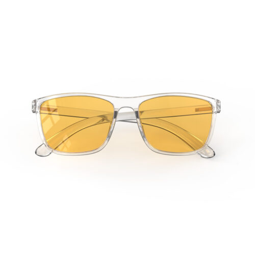 A Folded front view of Gloojo Amber Shield Amber Lens wayfarer Light Sensitivity Glasses – Clear-1