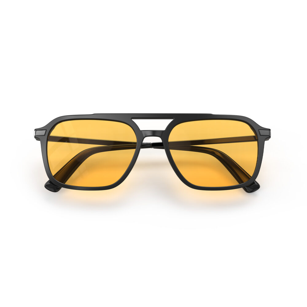 A Folded front view of Gloojo Amber Shield Oval Aviator Light Sensitivity Glasses - Black-1