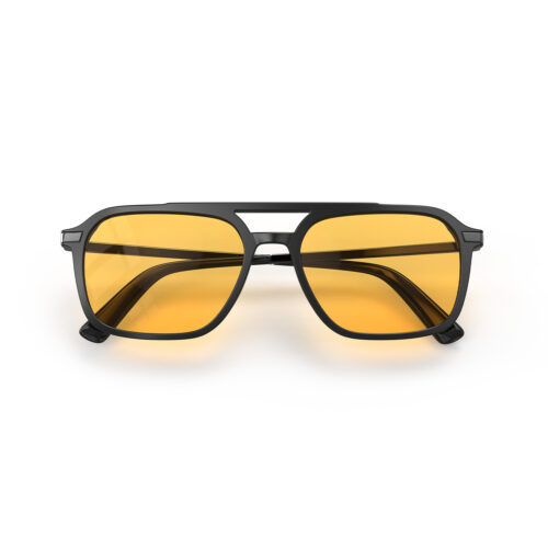 A Folded front view of Gloojo Amber Shield Oval Aviator Light Sensitivity Glasses - Black-1