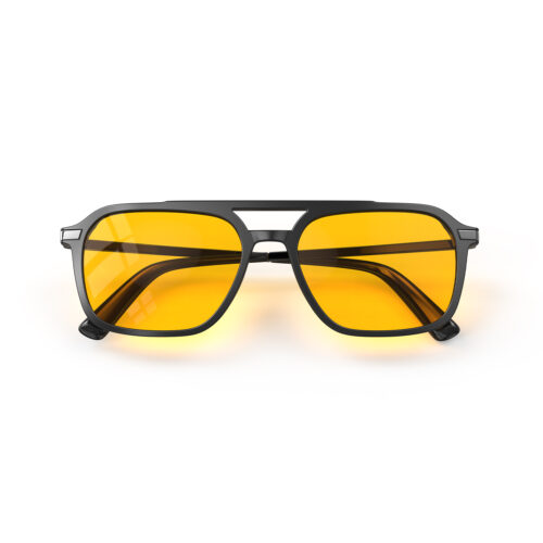 A Folded front view of Gloojo Amber Shield Oval Aviator Light Sensitivity Glasses - Black