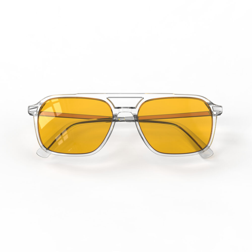 A Folded front view of Gloojo Amber Shield Oval Aviator Light Sensitivity Glasses - Clear