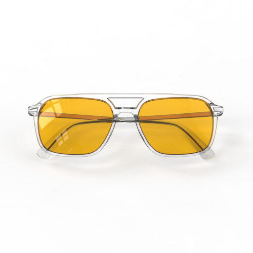 A Folded front view of Gloojo Amber Shield Oval Aviator Light Sensitivity Glasses - Clear