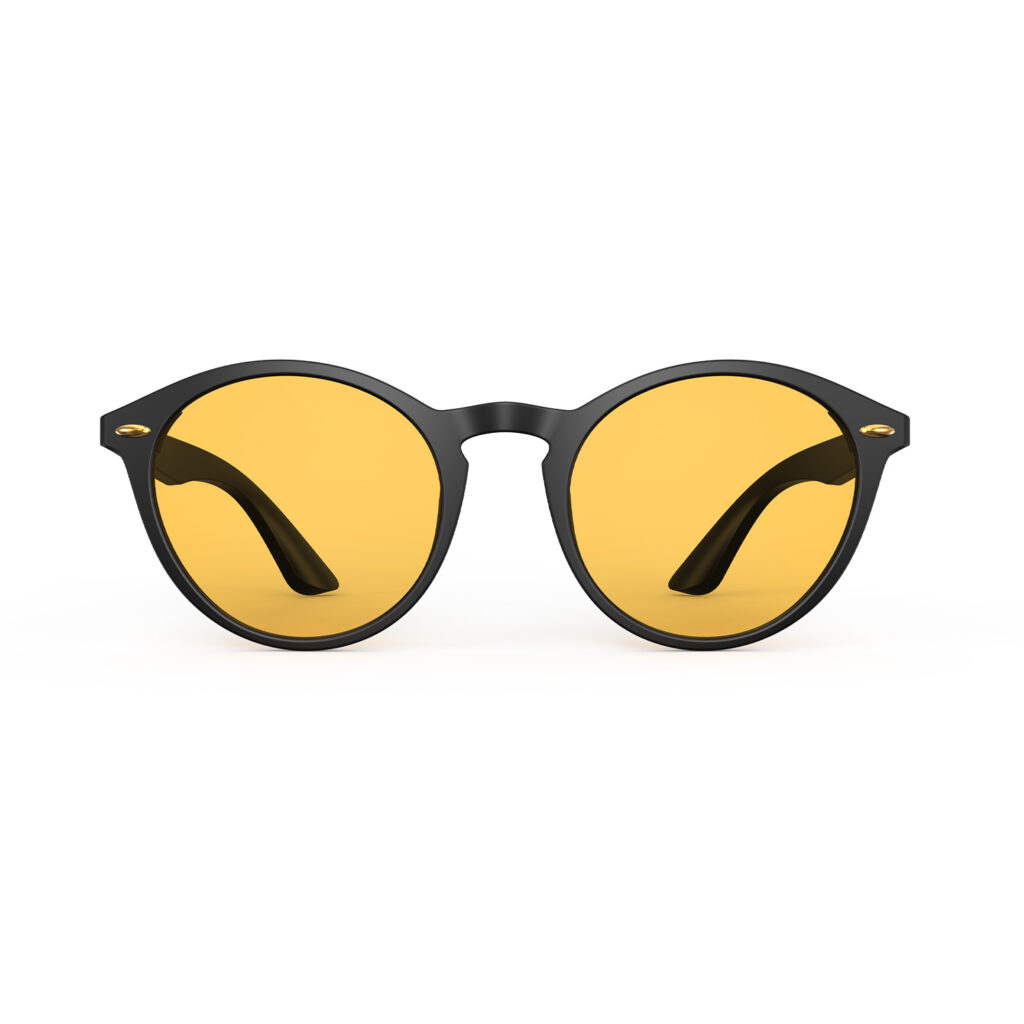 A Front view of Gloojo Amber Shield Amber Lens Round Light Sensitivity Glasses – Black-1