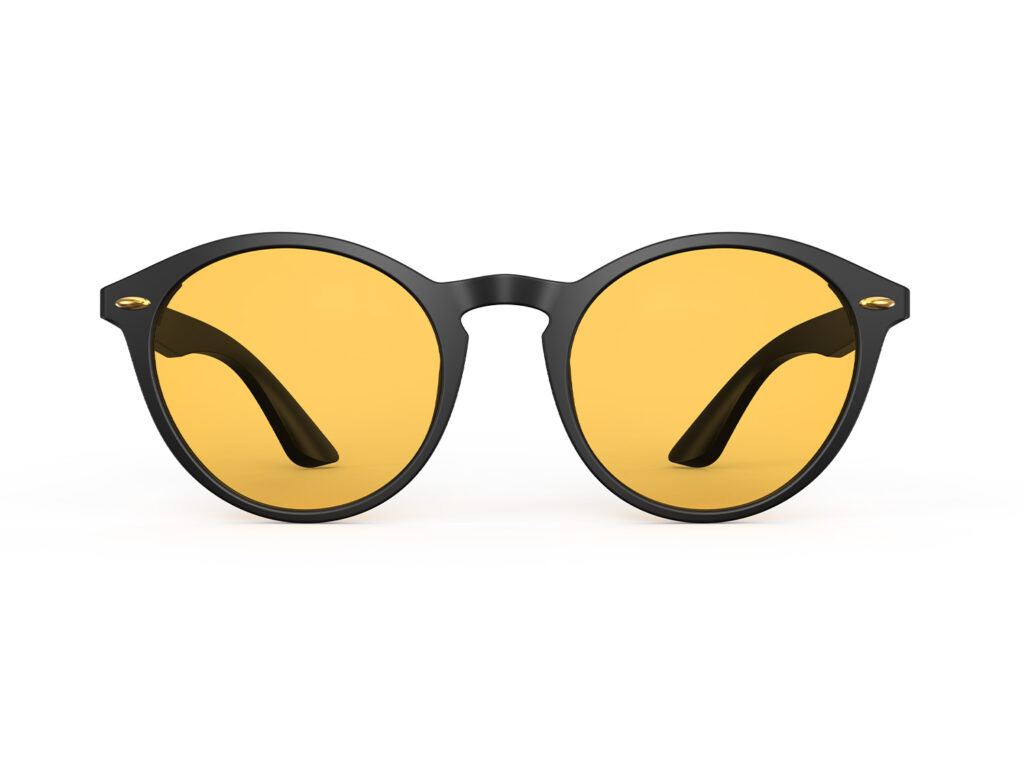 A Front view of Gloojo Amber Shield Amber Lens Round Light Sensitivity Glasses – Black-1