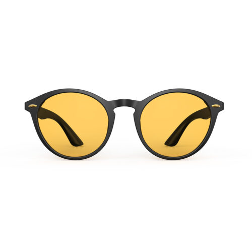 A Front view of Gloojo Amber Shield Amber Lens Round Light Sensitivity Glasses – Black-1
