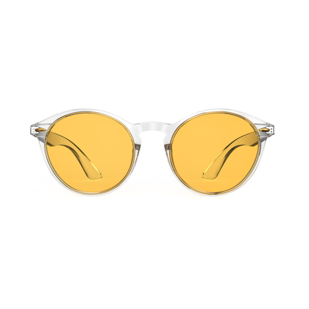 A Front view of Gloojo Amber Shield Amber Lens Round Light Sensitivity Glasses – Clear-1