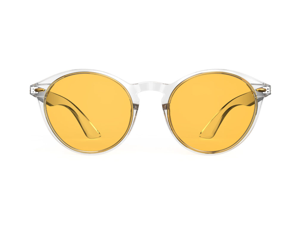 A Front view of Gloojo Amber Shield Amber Lens Round Light Sensitivity Glasses – Clear-1