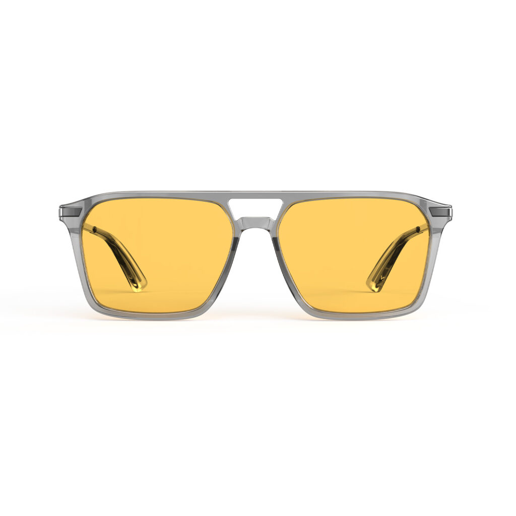 A Front view of Gloojo Amber Shield Amber Lens Square Aviator Light Sensitivity Glasses – Grey Gunmetal-1
