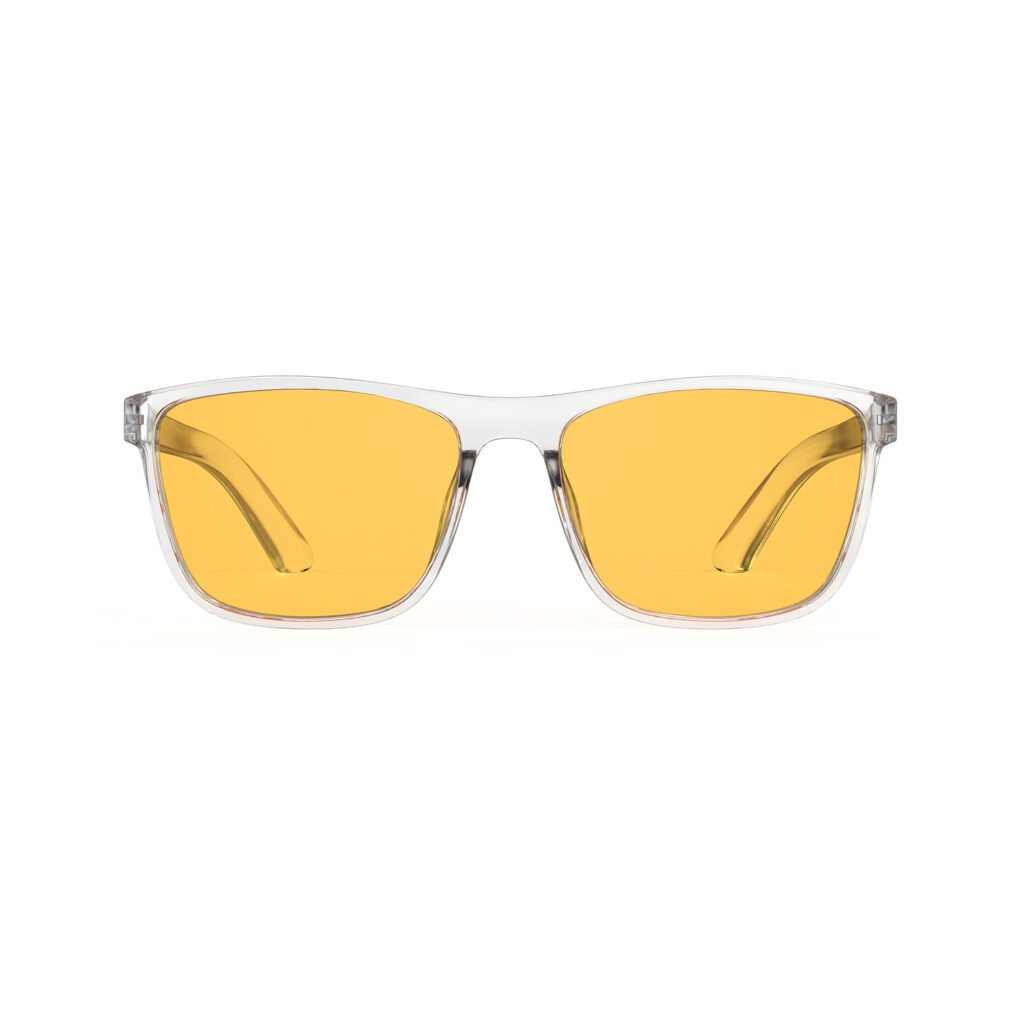 A Front view of Gloojo Amber Shield Amber Lens wayfarer Light Sensitivity Glasses – Clear-1