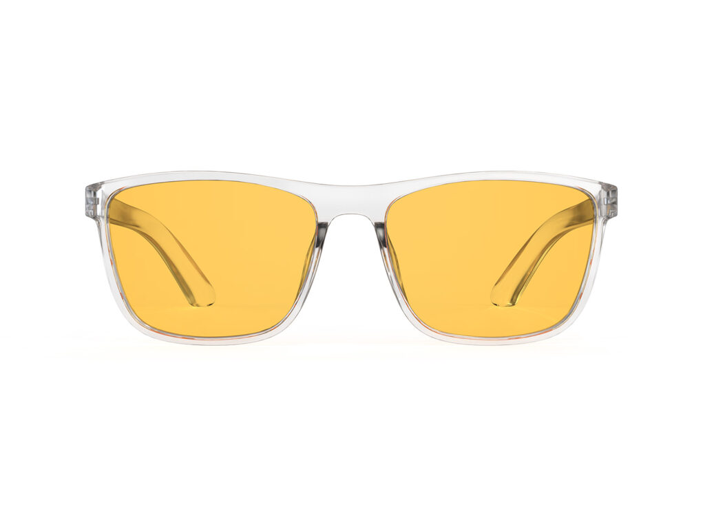 A Front view of Gloojo Amber Shield Amber Lens wayfarer Light Sensitivity Glasses – Clear-1
