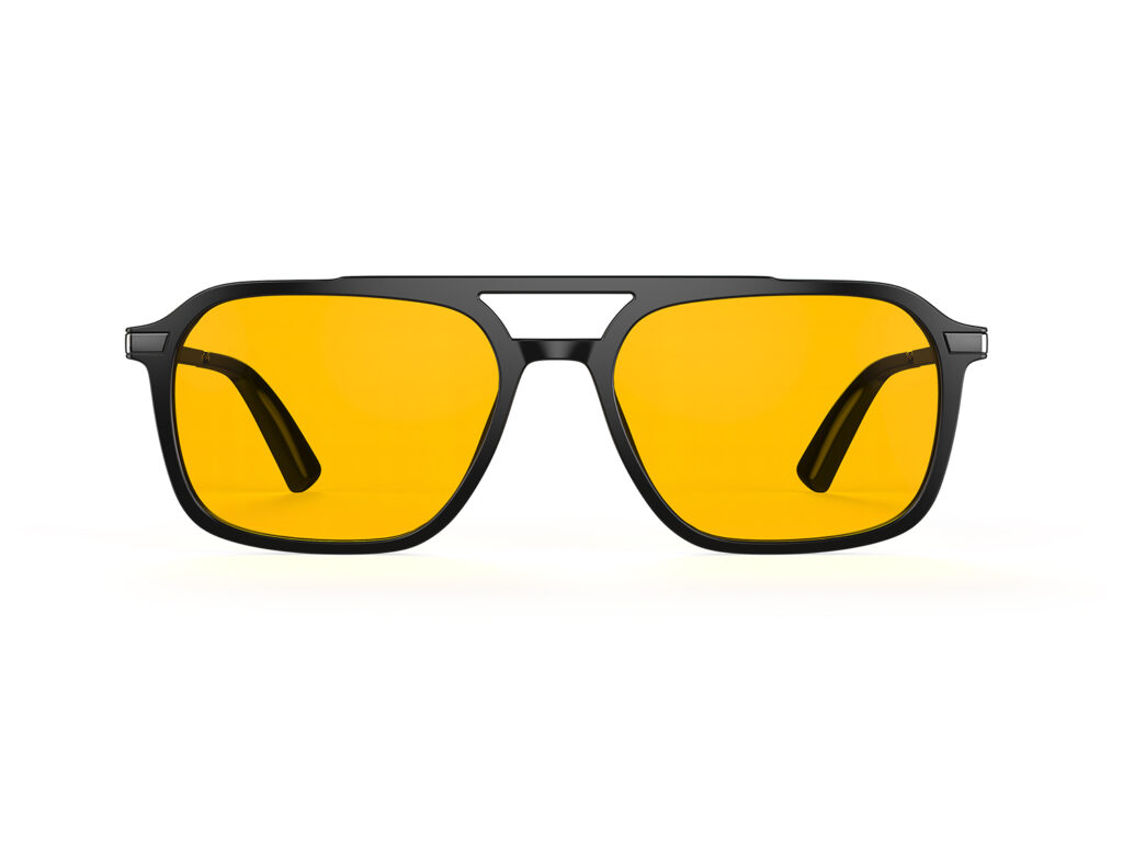 A Front view of Gloojo Amber Shield Oval Aviator Light Sensitivity Glasses - Black