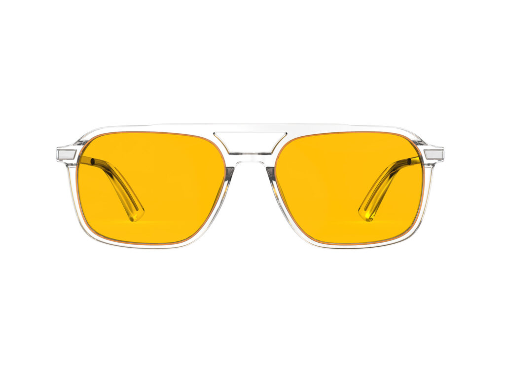 A Front view of Gloojo Amber Shield Oval Aviator Light Sensitivity Glasses - Clear